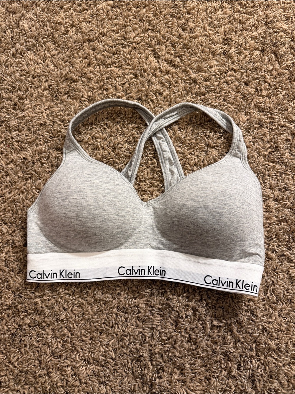 Calvin Klein Heather Gray Padded Racerback Sports Bra with Logo Band